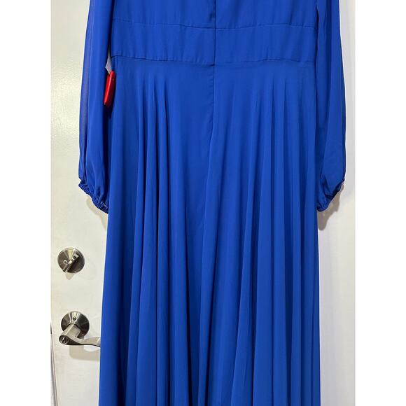 Ieena For Mac Duggal V-Neck Illusion Long Sleeve Chiffon Gown Size 14  NWOT Blue - Picture 14 of 16